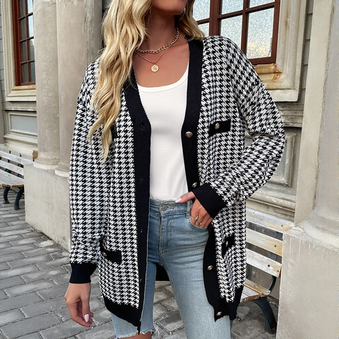 Women's Retro Houndstooth Knitted Cardigan Mid-Length V-Neck Sweater Outerwear With Gold Buttons Black White Casual Top