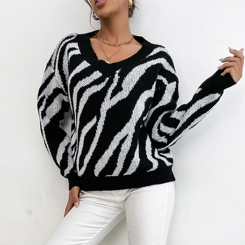 Women Casual Zebra Print V Neck Long Sleeve Knitted Sweater Loose Pullover Jumper Fashion Animal Pattern Autumn Winter Top