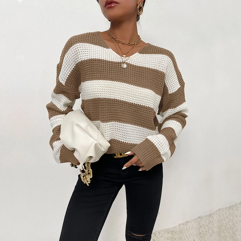 Suéter de Mujer con Cuello en V a Rayas Manga Larga Pullover de Punto de Gofre Casual Ajuste Holgado Caqui Blanco a Rayas
