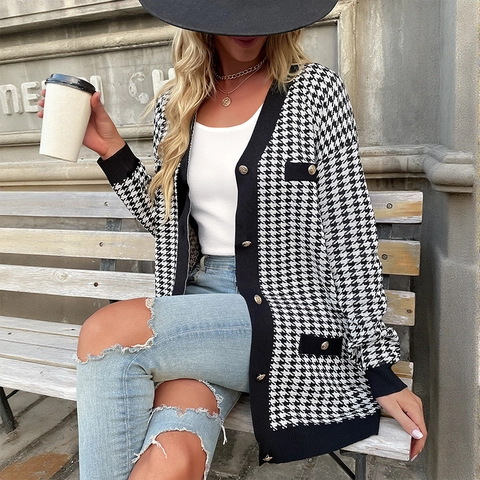 Women's Retro Houndstooth Knitted Cardigan Mid-Length V-Neck Sweater Outerwear With Gold Buttons Black White Casual Top