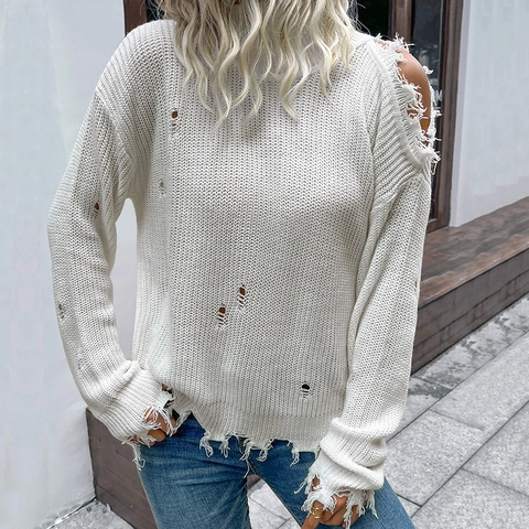 Pull en Maille Déchiré pour Femme Épaules Dénudées Ajouré Col Roulé Manches Longues Blanc Pullover Décontracté à la Mode