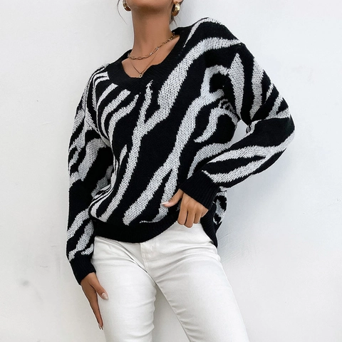 Women Casual Zebra Print V Neck Long Sleeve Knitted Sweater Loose Pullover Jumper Fashion Animal Pattern Autumn Winter Top
