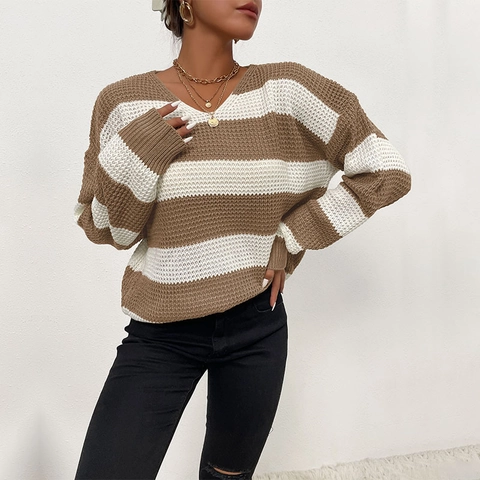 Suéter de Mujer con Cuello en V a Rayas Manga Larga Pullover de Punto de Gofre Casual Ajuste Holgado Caqui Blanco a Rayas