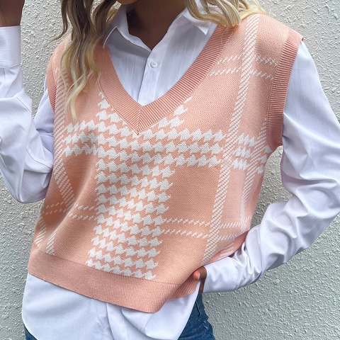 Gilet in Maglia Casual da Donna Motivo Pied de Poule Scollo a V Senza Maniche Jacquard Pullover Top Stile Preppy Morbido