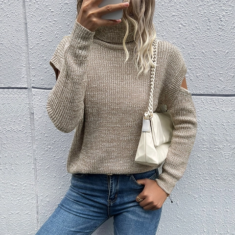 Suéter de Punto Casual para Mujer Con Hombros Descubiertos Cuello Alto Manga Larga Color Sólido Jersey de Acrílico
