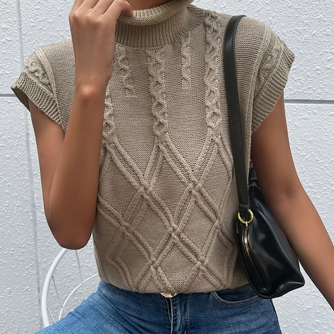 Chaleco de Suéter de Punto Trenzado con Cuello Alto para Mujer Top sin Mangas Holgado de Color Sólido Punto de Acrílico Suave Moda Otoño Invierno