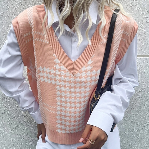 Gilet in Maglia Casual da Donna Motivo Pied de Poule Scollo a V Senza Maniche Jacquard Pullover Top Stile Preppy Morbido