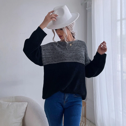 Maglione in Maglia Patchwork Casual da Donna Girocollo Manica Lunga Vestibilità Larga Pullover a Blocchi di Colore Autunno Inverno
