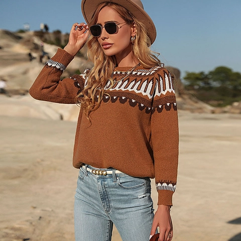 Damen Casual Braun Geometrisches Muster Strickpullover Rundhals Langarm Fair Isle Jacquard Pullover Herbst Winter Mode Top