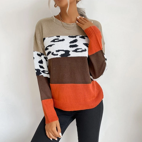 Maglione Donna in Maglia Patchwork Leopardato Casual Girocollo Blocco di Colore Manica Lunga Pullover Autunno Inverno Jumper Top