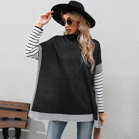Γυναικείο Casual Ριγέ Patchwork Ψηλό Γιακά Χαλαρό Πλεκτό Πουλόβερ Μακρυμάνικο Oversized Top