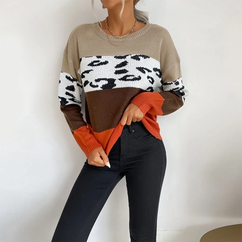 Maglione Donna in Maglia Patchwork Leopardato Casual Girocollo Blocco di Colore Manica Lunga Pullover Autunno Inverno Jumper Top