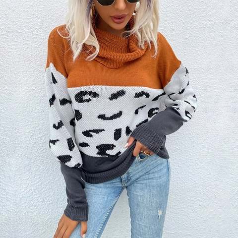 Maglione Donna con Stampa Leopardata e Blocchi di Colore Pullover a Manica Lunga Collo Alto in Maglia Casual Moda Autunno Inverno