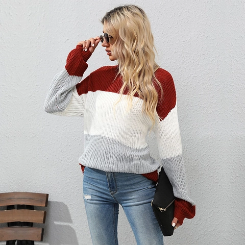 Maglione da Donna Casual Lavorato a Maglia a Blocchi di Colore Lupetto Patchwork Pullover Largo Moda Autunno Inverno