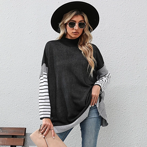 Γυναικείο Casual Ριγέ Patchwork Ψηλό Γιακά Χαλαρό Πλεκτό Πουλόβερ Μακρυμάνικο Oversized Top