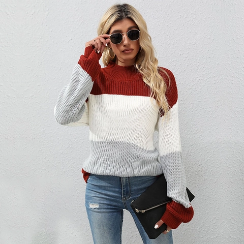 Maglione da Donna Casual Lavorato a Maglia a Blocchi di Colore Lupetto Patchwork Pullover Largo Moda Autunno Inverno