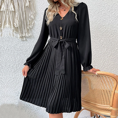 Vestido Plisado Informal para Mujer Cuello en V Manga Larga Color Sólido Con Cinturón Botones Elegante Ajuste Regular Otoño Vestido Corto