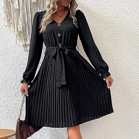 Vestido Plisado Informal para Mujer Cuello en V Manga Larga Color Sólido Con Cinturón Botones Elegante Ajuste Regular Otoño Vestido Corto