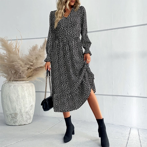 Abito Midi da Donna Elegante Scollo a V a Pois Manica Lunga con Volant Vita Alta Linea A Festa Pendolare Chic Nero Autunno