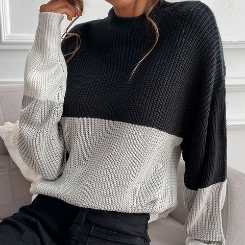 Maglione in Maglia da Donna Casual a Blocchi di Colore Collo Semialto Manica Lunga Patchwork Pullover a Coste Largo Maglieria Autunno Inverno
