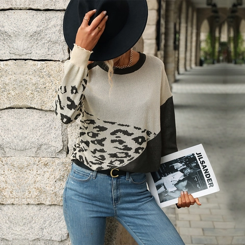 Maglione da Donna Casual in Maglia Patchwork con Stampa Leopardata Manica Lunga Spalle Scoperte Girocollo Color Block Top Moda