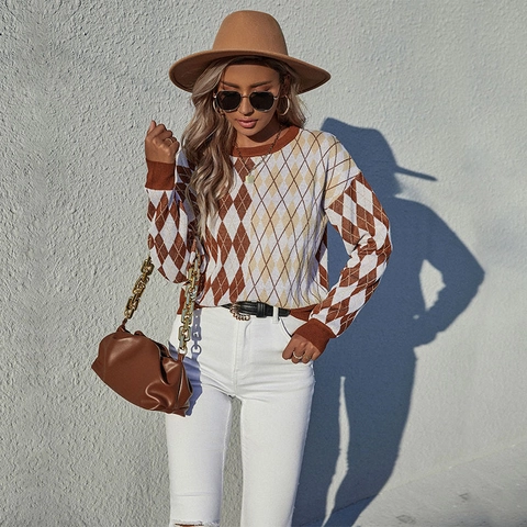 Women Argyle Knit Sweater Casual Round Neck Long Sleeve Patchwork Pullover Loose Fit Soft Autumn Winter Knitwear Top