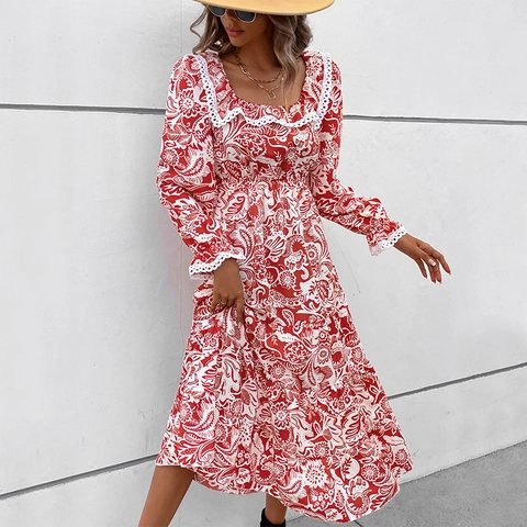 Vrouwen Vintage Paisley Print Vierkante Hals Lange Mouw Midi Jurk Witte Kantafwerking Gelaagde Rok A-lijn Jurk Valentijnsdag