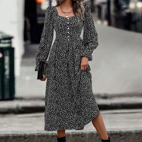 French Vintage Square Neck Floral Midi Dress Women Long Sleeve Ruffle Cuff Button Decor Elegant A-Line Party Dress