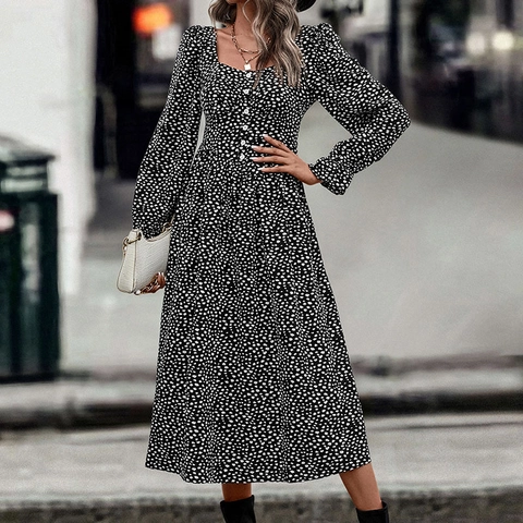 French Vintage Square Neck Floral Midi Dress Women Long Sleeve Ruffle Cuff Button Decor Elegant A-Line Party Dress