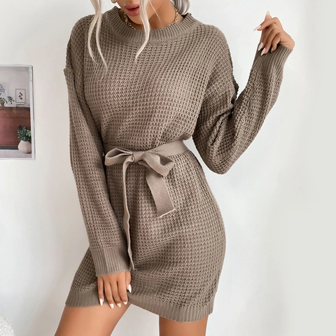 Vestido de Suéter de Punto de Gofre para Mujer Cuello Redondo Manga Larga Cintura Anudada Color Sólido Otoño Invierno