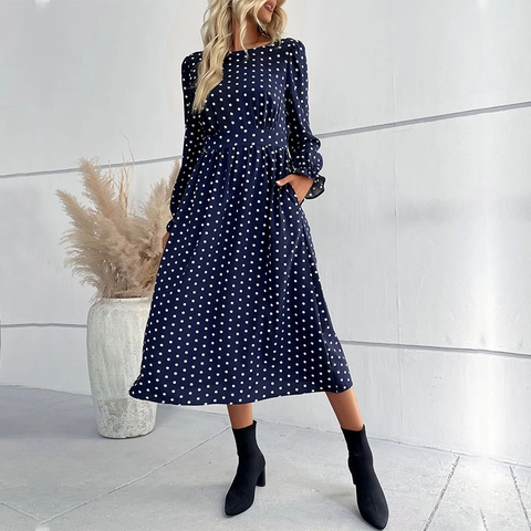 Elegant Women Polka Dot Long Sleeve Midi Dress Round Neck High Waist A-Line Ruffle Cuff Polyester Dress Navy Blue Autumn