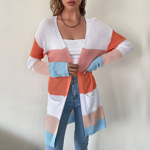 Cardigan in Maglia a Righe da Donna Maglione Aperto Davanti a Media Lunghezza Con Tasche Scollo a V Manica Lunga Poliestere