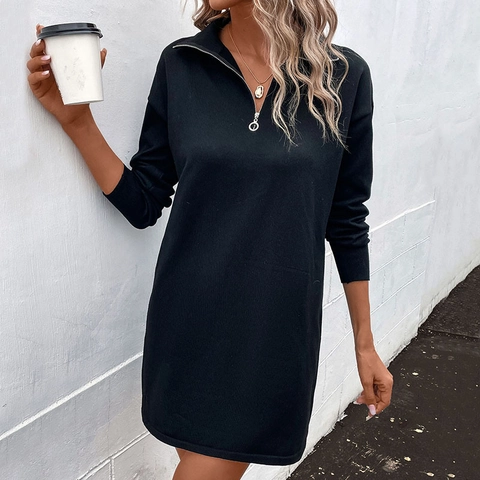 Women Casual Solid Color Knitted Mini Dress Long Sleeve Quarter Zip Pullover Sweater Dress For Autumn Winter Fashion