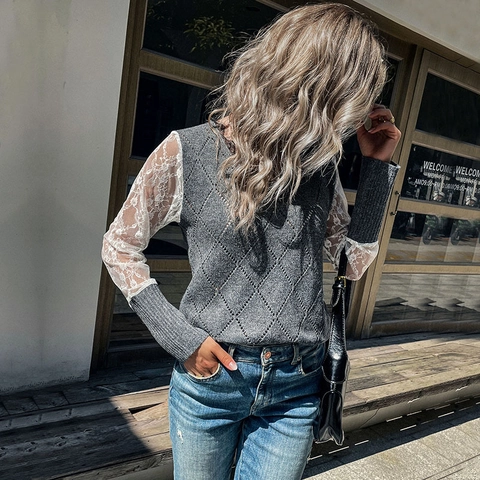 Pull à Col en V pour Femmes Épissage en Dentelle Manches Longues Gris Treillis de Diamants Tricot Ajouré Casual Patchwork Top