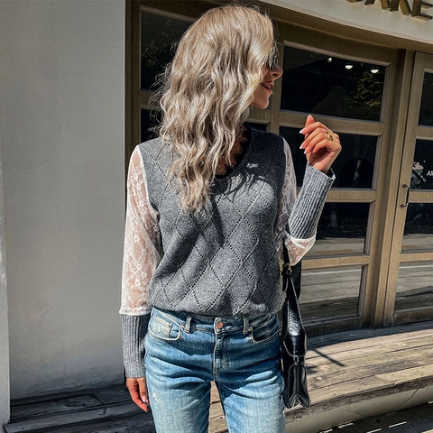 Pull à Col en V pour Femmes Épissage en Dentelle Manches Longues Gris Treillis de Diamants Tricot Ajouré Casual Patchwork Top