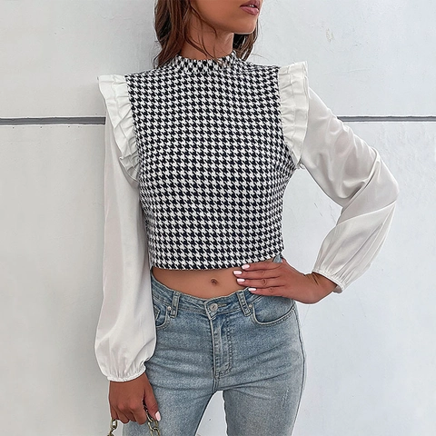 Elegant Hahnentritt Patchwork Cropped Overhemd Halve Hoge Kraag Lange Pofmouw Top Met Ruffle Detail Slanke Pasvorm