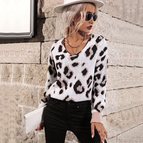 Maglione Casual da Donna con Stampa Leopardata e Scollo a V a Maniche Lunghe in Maglia Allentata Top Moda Autunno Inverno