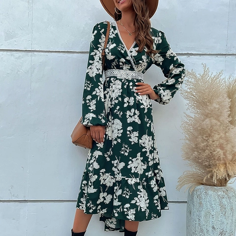 Robe Maxi pour Femmes Col en V Manches Longues Imprimé Floral Élégante Volants Ourlet Irrégulier Boho Patchwork Dentelle Robe Polyester