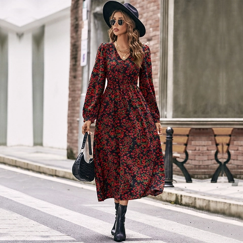 Women Elegant V Neck Floral Long Sleeve Maxi Dress Polyester High Waist A Line Flowy Autumn Spring Casual Party Dress