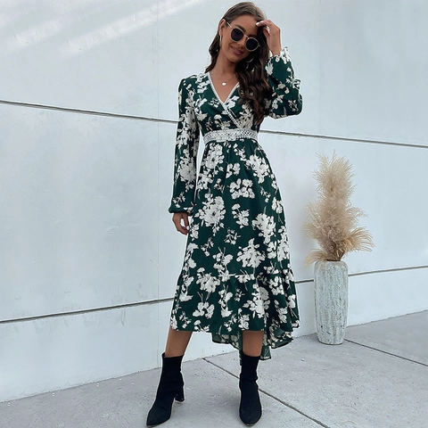 Robe Maxi pour Femmes Col en V Manches Longues Imprimé Floral Élégante Volants Ourlet Irrégulier Boho Patchwork Dentelle Robe Polyester