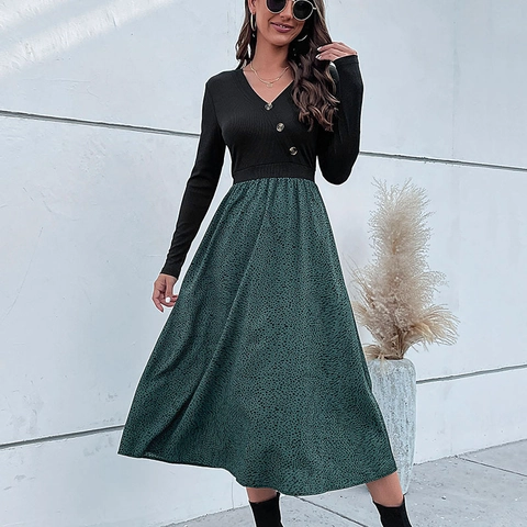 Women Elegant Mock Two-Piece Patchwork Long Sleeve Dress V-Neck Button Polka Dot Leopard Print Midi A-Line Dress