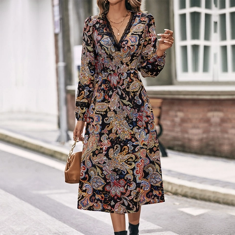Abito Midi da Donna Vintage con Stampa Paisley Scollo a V Pizzo Manica Lunga Elegante Vita Alta Linea A Bohémien Casual Festa