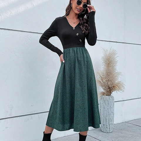 Women Elegant Mock Two-Piece Patchwork Long Sleeve Dress V-Neck Button Polka Dot Leopard Print Midi A-Line Dress