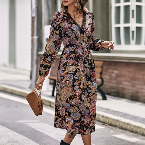 Abito Midi da Donna Vintage con Stampa Paisley Scollo a V Pizzo Manica Lunga Elegante Vita Alta Linea A Bohémien Casual Festa