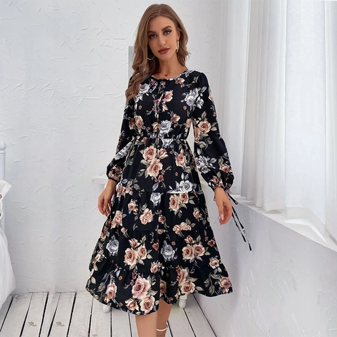 Damen Midi-Kleid Mit Blumendruck Elegant Rundhals Langarm Laternenärmel Schnürung Gestuftes A-Linien-Kleid Aus Polyester