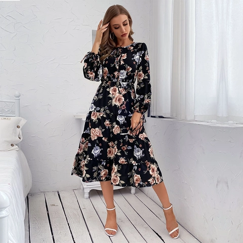 Damen Midi-Kleid Mit Blumendruck Elegant Rundhals Langarm Laternenärmel Schnürung Gestuftes A-Linien-Kleid Aus Polyester