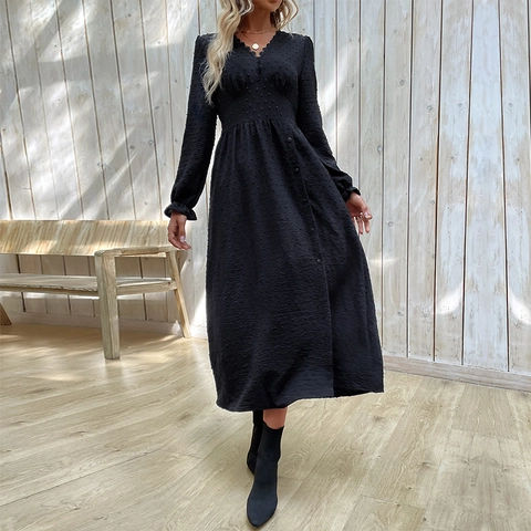 Women Black Swiss Dot V-Neck Long Sleeve Midi Dress Elegant Button Slit Waist Defined Vintage Casual Party Dress For Women