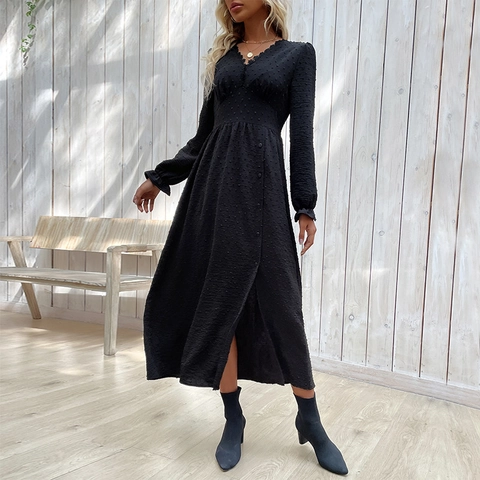 Women Black Swiss Dot V-Neck Long Sleeve Midi Dress Elegant Button Slit Waist Defined Vintage Casual Party Dress For Women