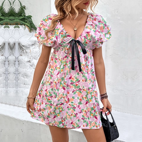 Women Sexy V Neck Floral Print Mini Dress Summer Puff Sleeve High Waist Bowknot A-Line Short Dress For Beach Vacation
