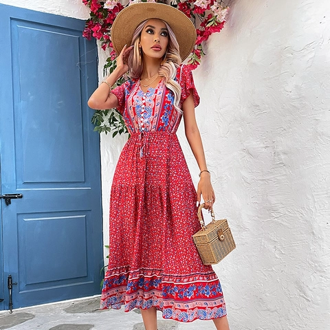 Women Elegant Boho V-Neck Short Sleeve Floral Paisley Print 100% Viscose Maxi Dress Drawstring Waist Summer Beach Vacation